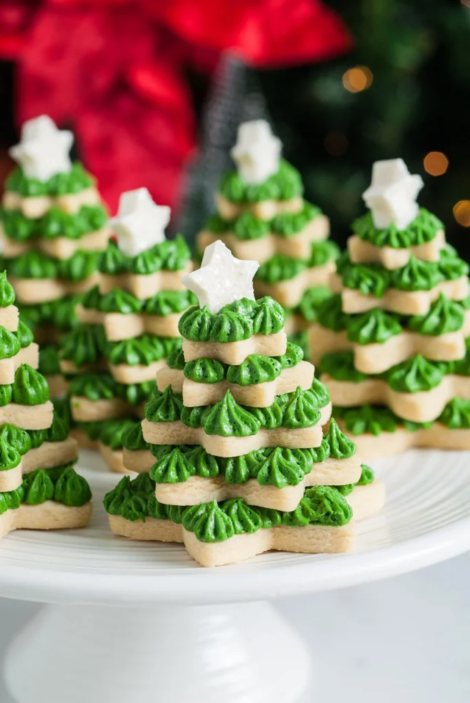 stacked Christmas tree cookies made with star shaped cookies