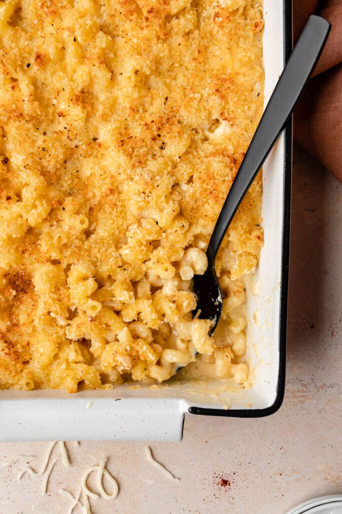 creamy mac and cheese in a casserole dish