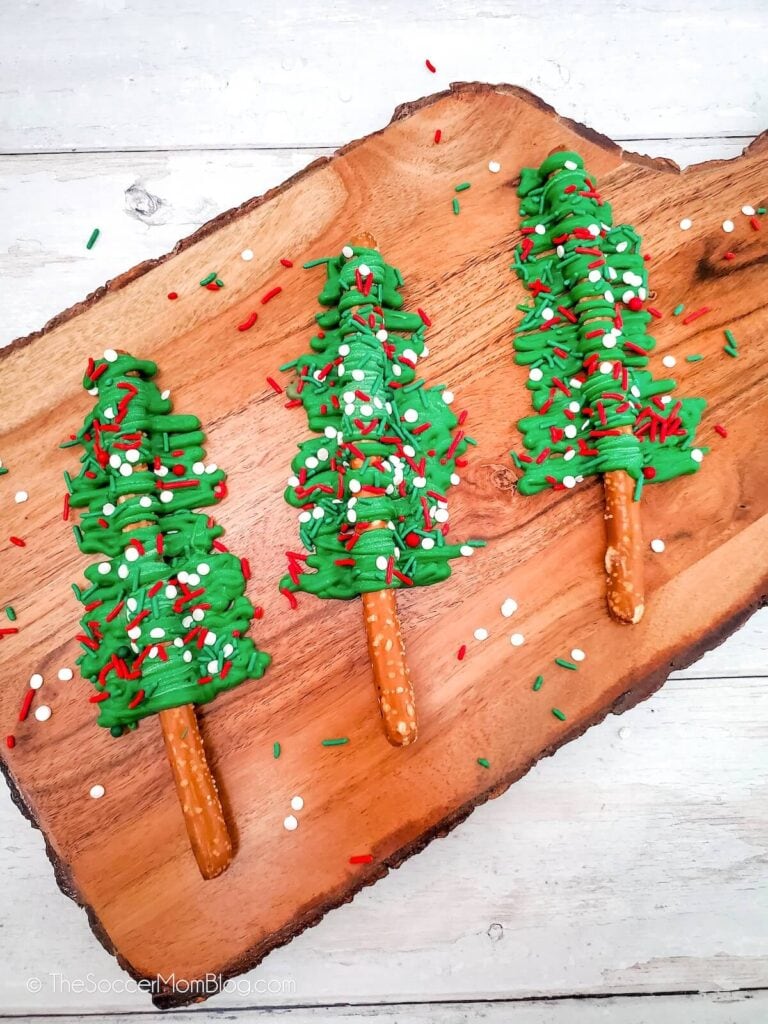 christmas tree treats made with pretzel rods and green melting chocolate