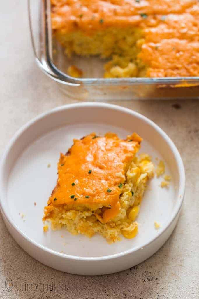 cheesy sweet corn casserole on a plate