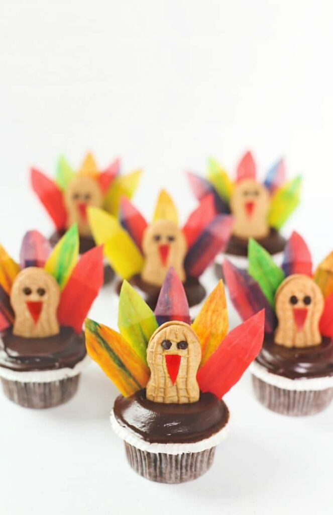 turkey cupcakes with fruit gummy feathers