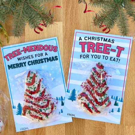 Christmas tree cake gift tags with Little Debbie Christmas tree cakes