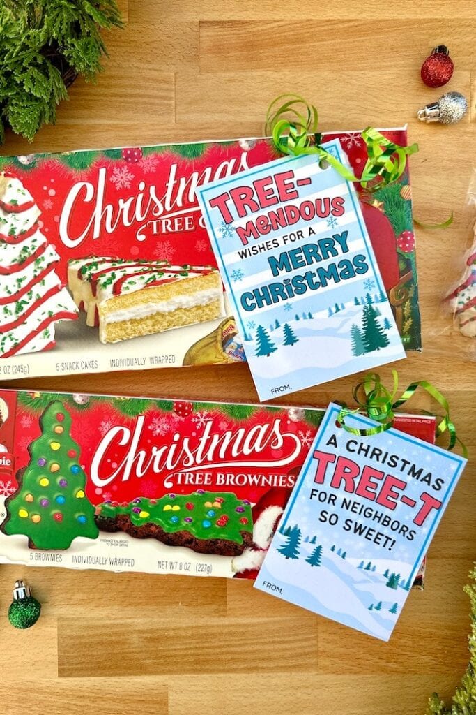 printable Christmas tree cake gift tags on Little Debbie boxes