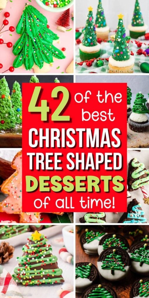collage of Christmas tree shaped desserts