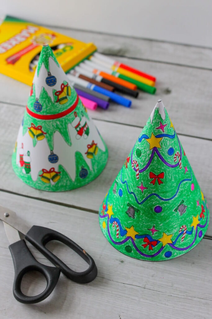 paper cone Christmas tree crafts for kids to color