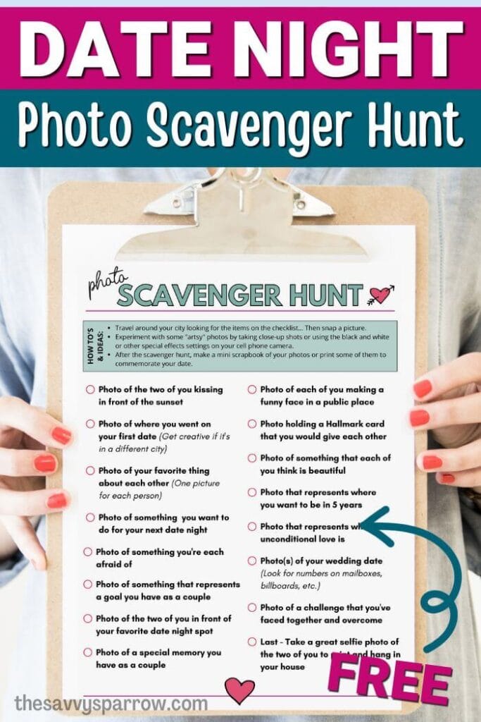 couples photo scavenger hunt checklist on a clipboard