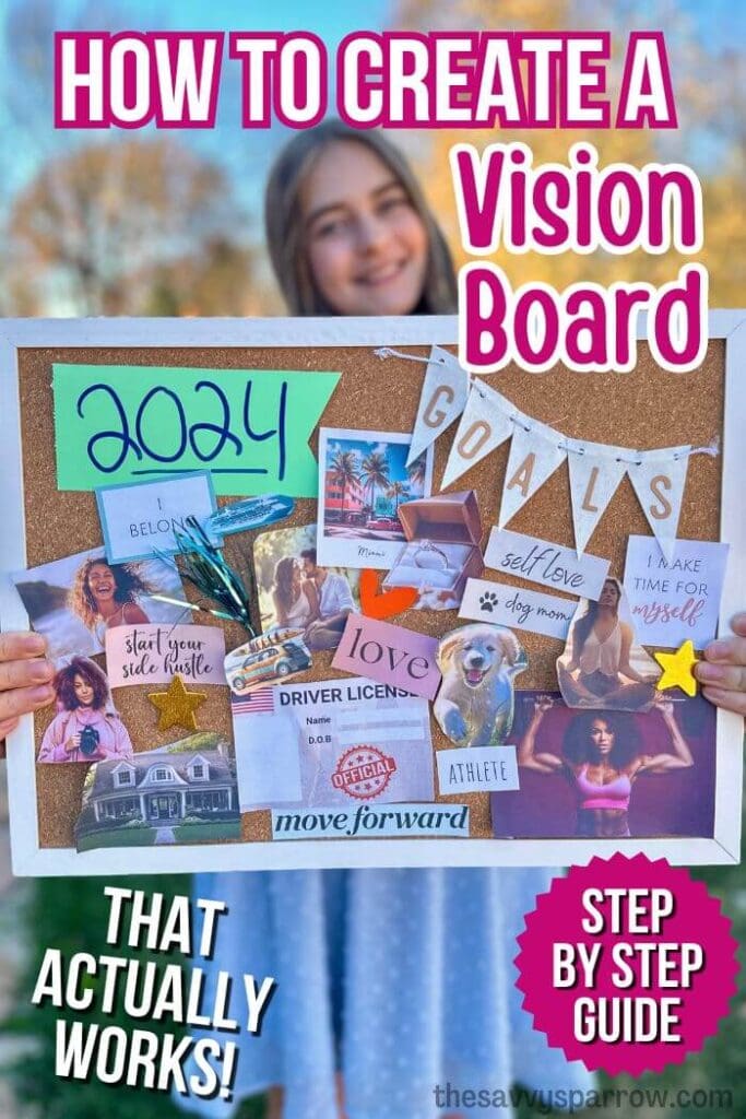 girl holding a vision board with goals and pictures on it