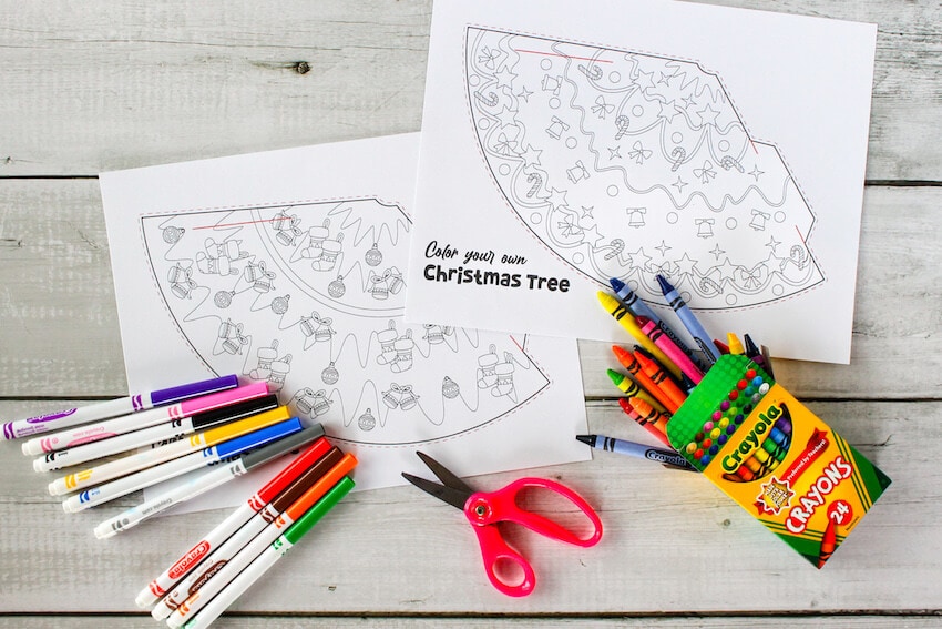 printable Christmas tree cone templates, scissors, markers, and crayons