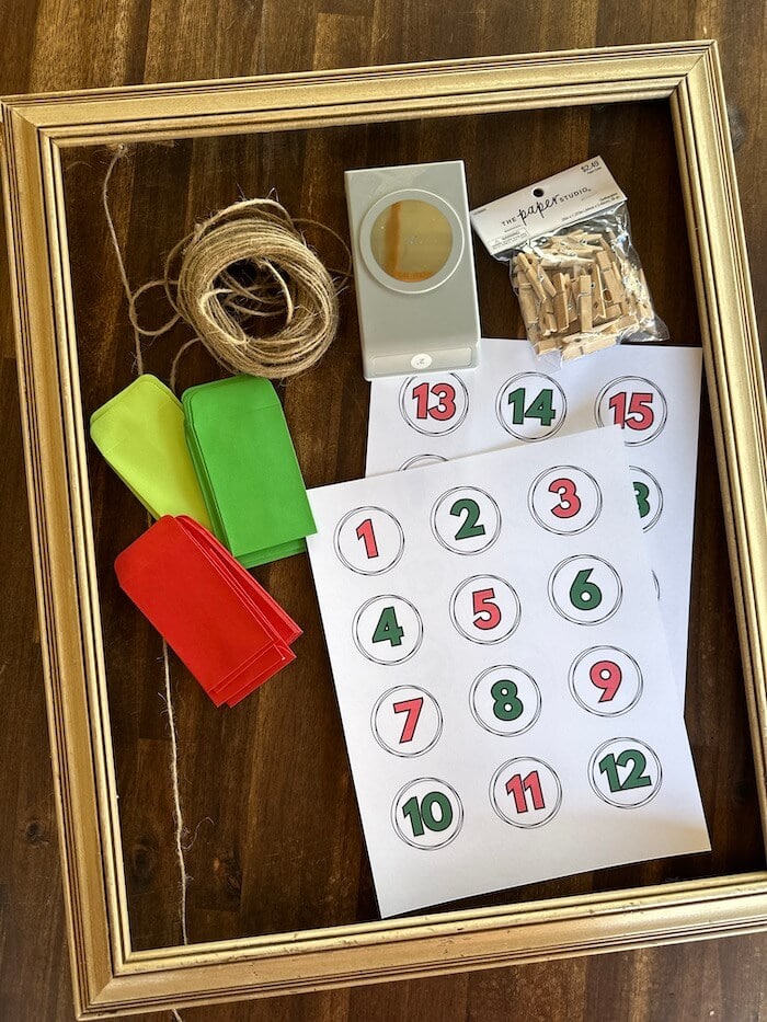 supplies to make a DIY advent calendar with printable advent numbers