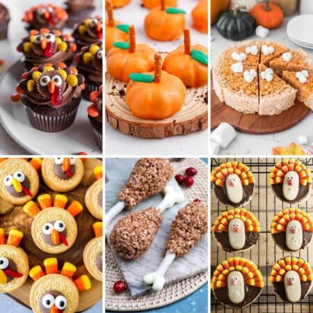 collage of Thanksgiving treats and desserts for kids