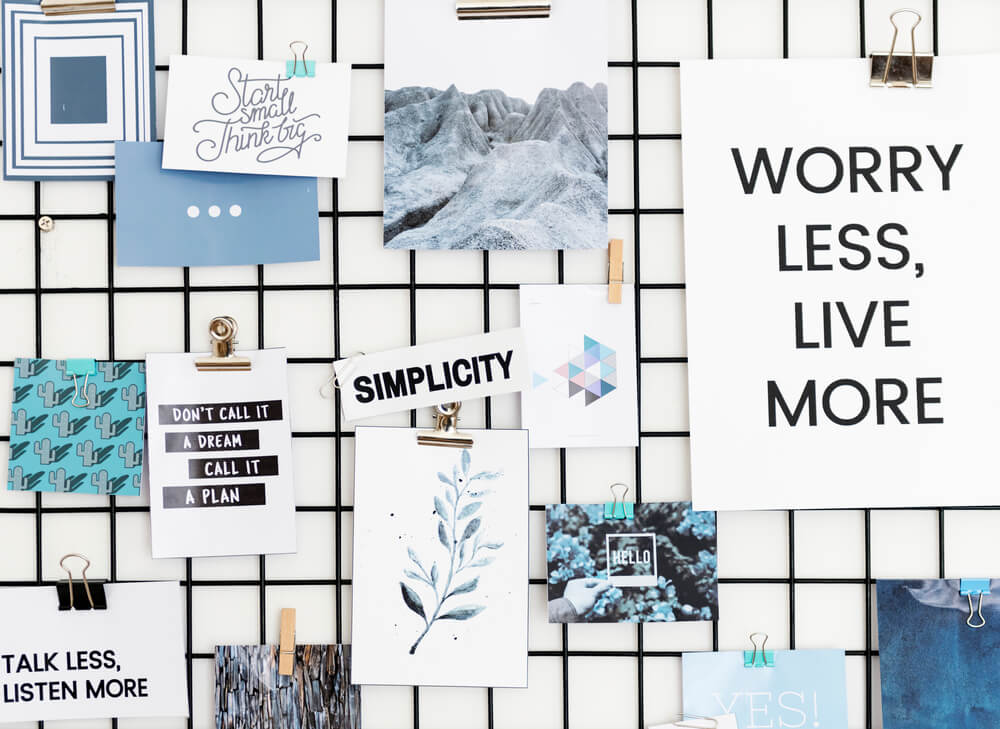 vision board on a wire wall grid board