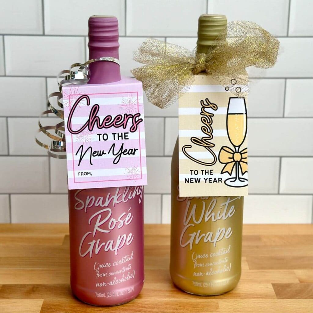 sparkling juice bottle gifts with printable tags that say "Cheers to the New Year"