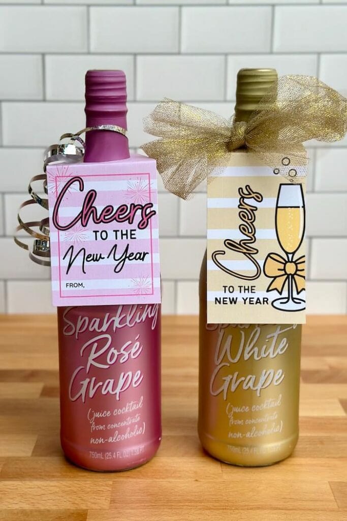 sparkling juice New Year gifts with printable gift tags
