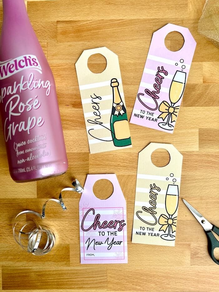 New Year gift tags for wine bottles that say "Cheers"