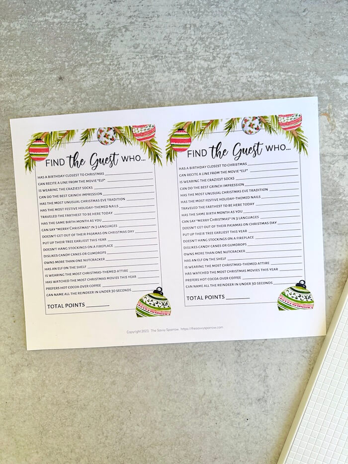Christmas find the guest game cards printed on white card stock