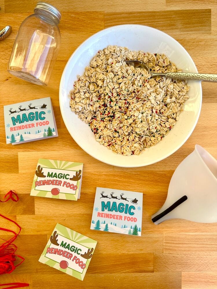 magical reindeer food in a bowl with printable labels