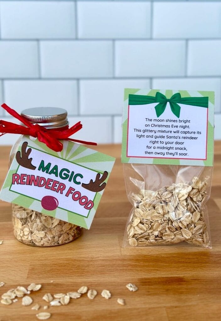 red and green magical reindeer food labels with reindeer food