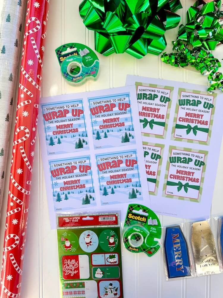 wrap up the holidays gift tags, wrapping paper, bows, and tape
