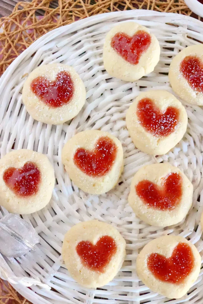 heart shaped thumbprint cookies for Valentine's Day
