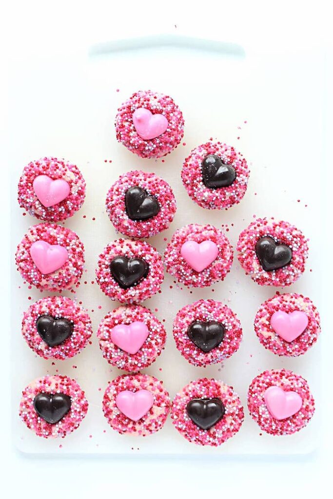 pink cookies with chocolate hearts
