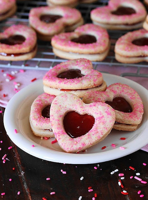 heart shaped raspberry sandwich cookies for Valentine's Day
