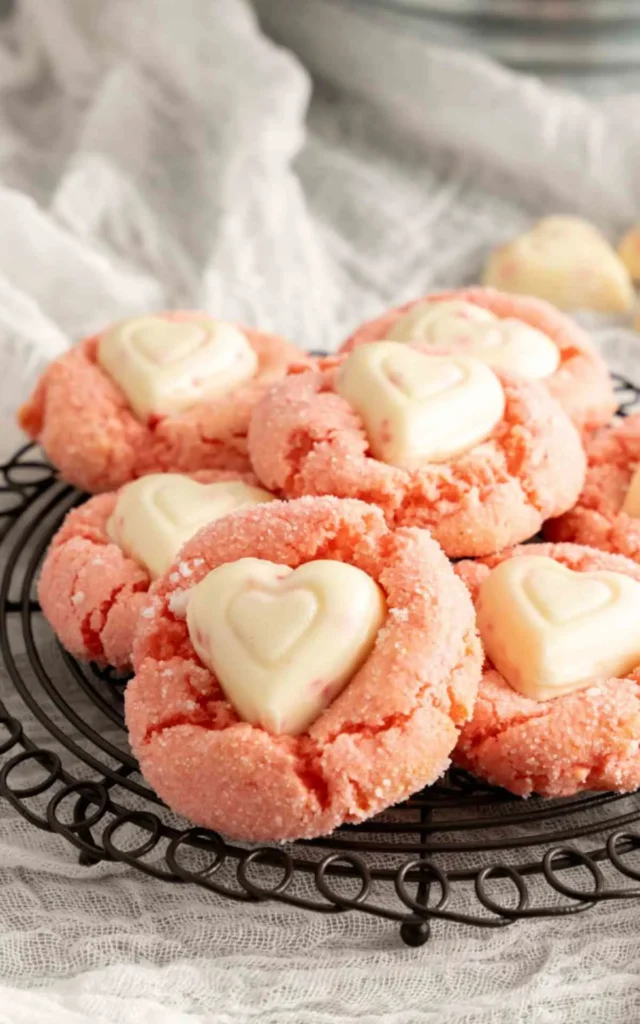 strawberry cake mix cookies with white chocolate hearts