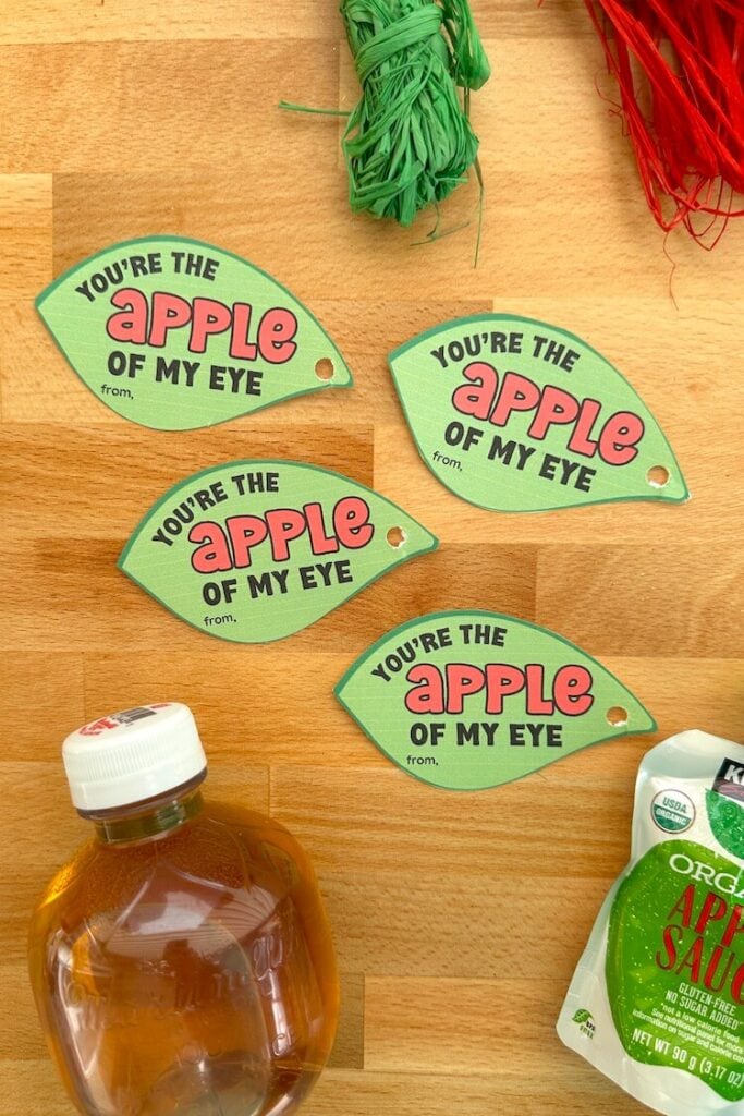 printable applesauce Valentines in the shape of apple leaves