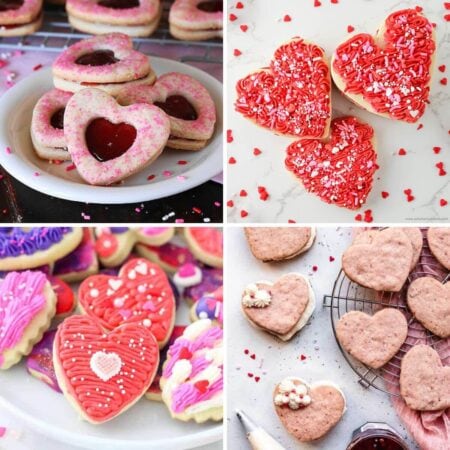 collage of Valentine's Day cookies that are heart shaped