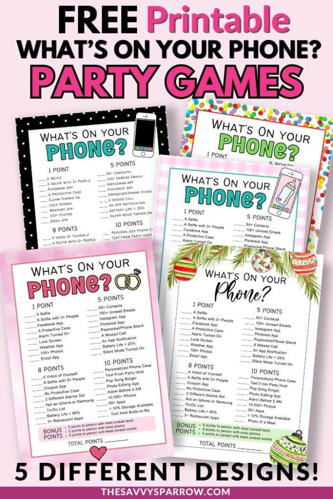 collage of free printable what's on your phone party games