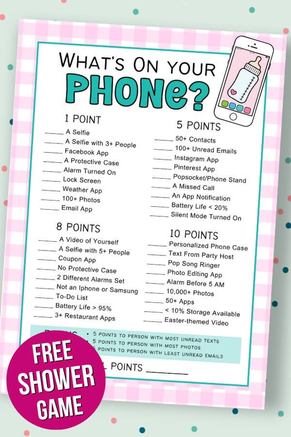 printable what's on your phone baby shower game card
