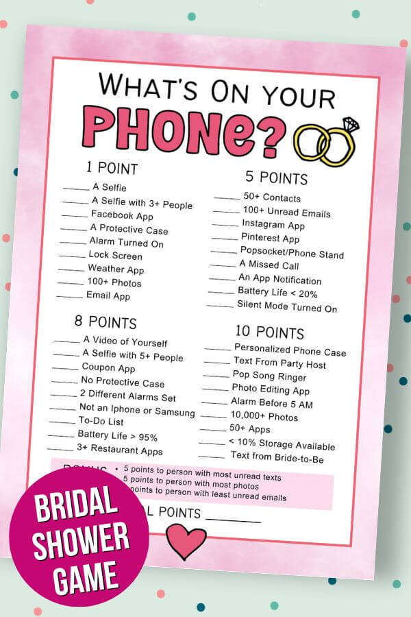 printable what's on your phone bridal shower game card