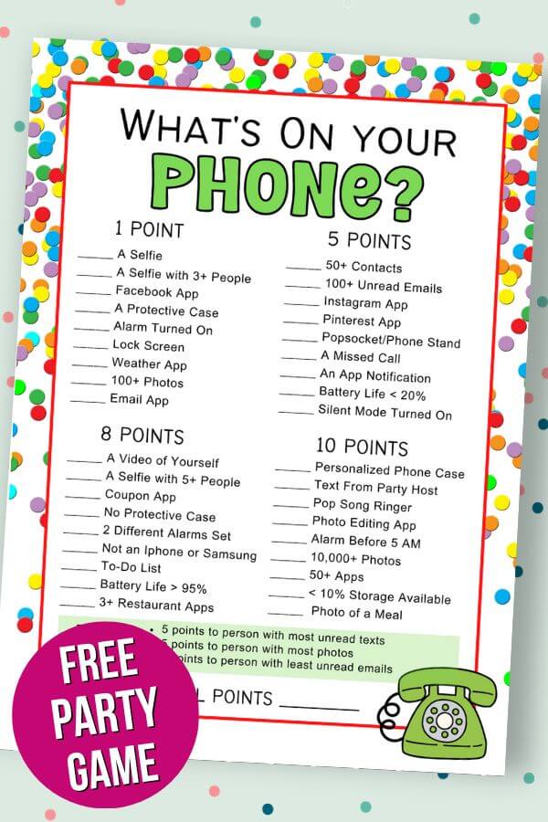 free printable what's on your phone party game