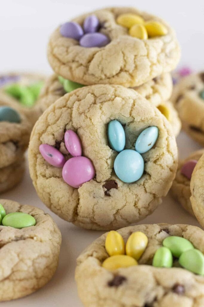 chocolate chip cookies with pastel m&m candies
