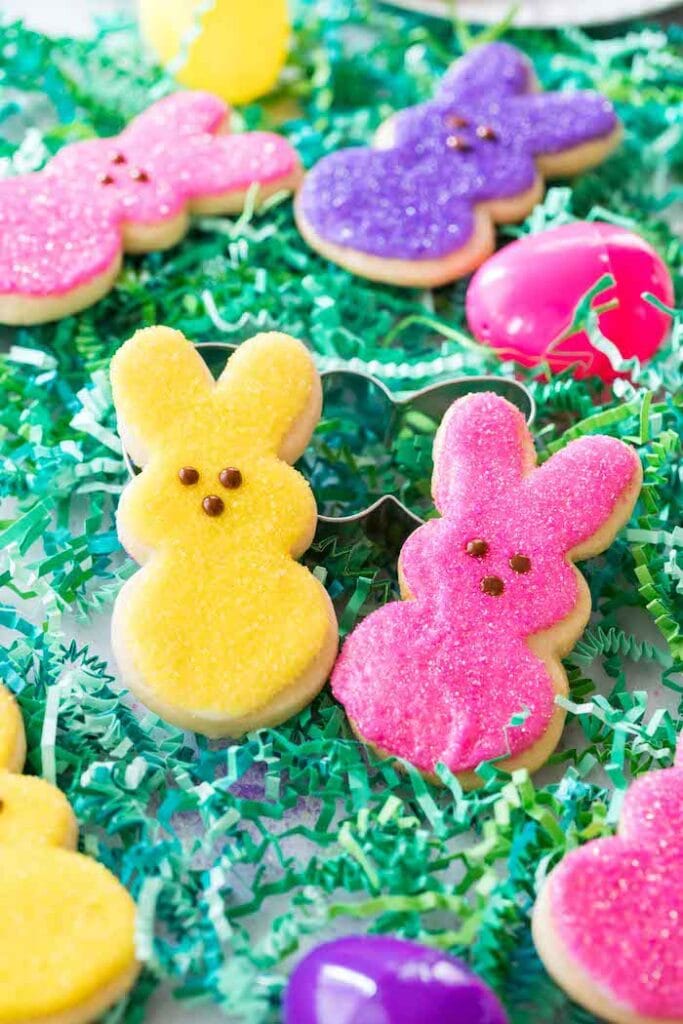 peeps bunny shaped cookies with colorful sprinkles