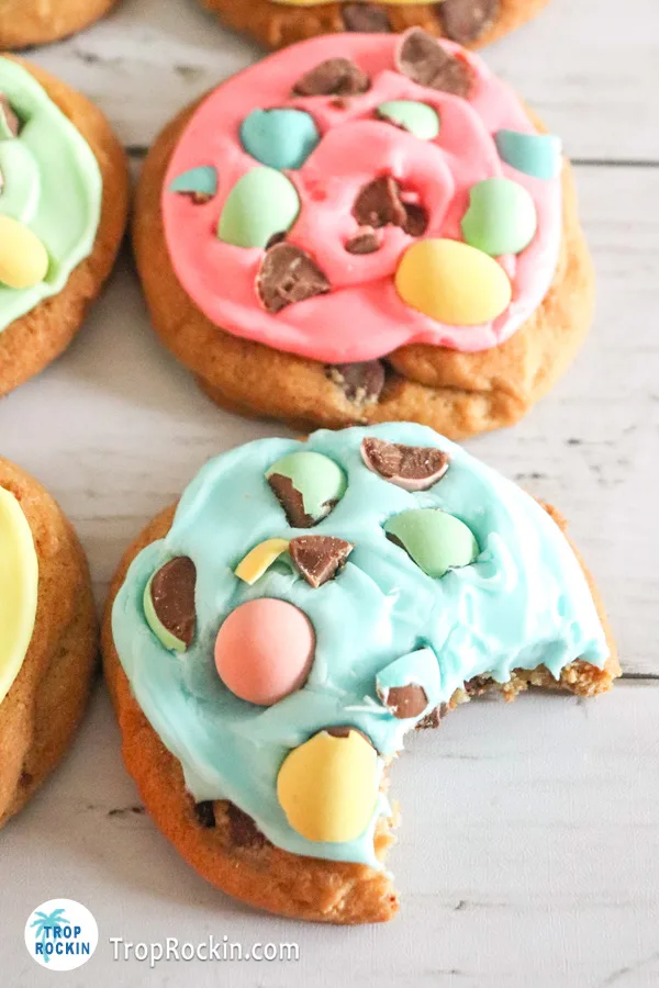 chocolate chip cookies with frosting and mini cadbury eggs
