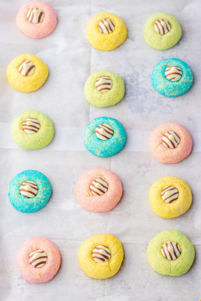 pastel colored Easter blossom cookies with Hershey's kisses