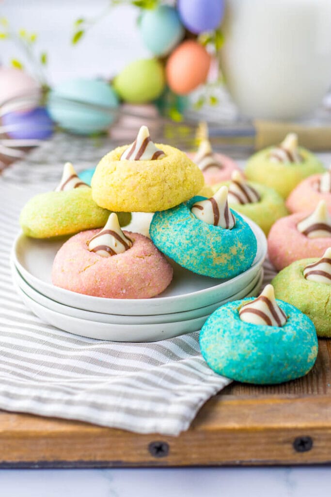 pastel colored Easter sugar cookies with chocolate kisses