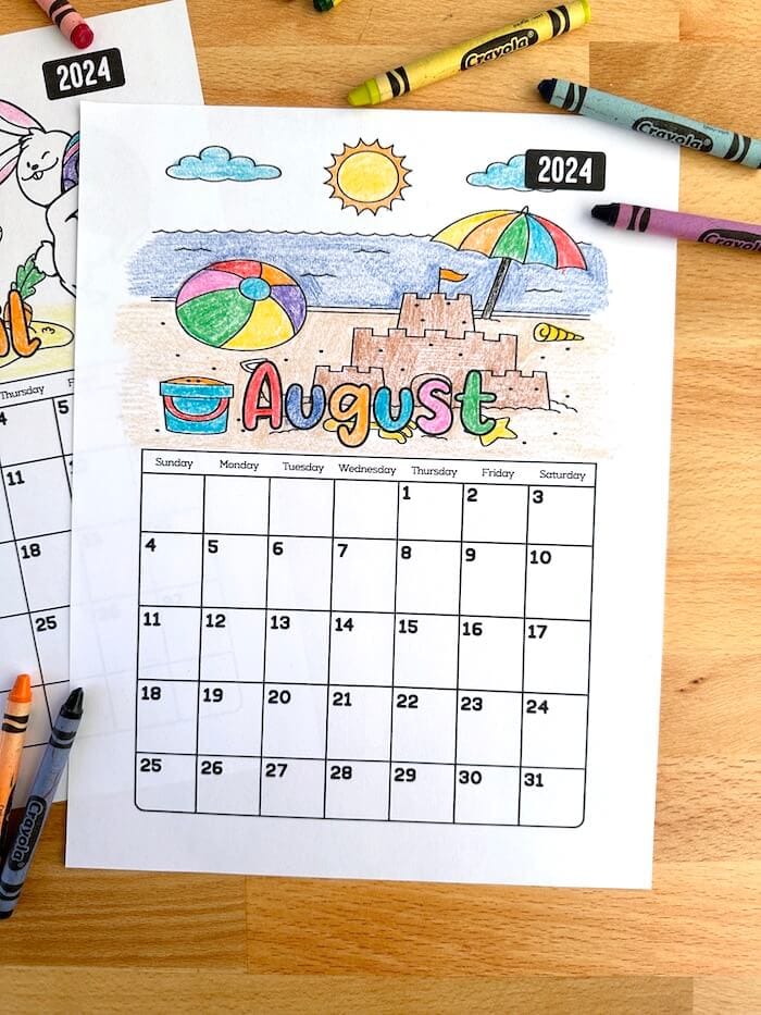 August calendar to color