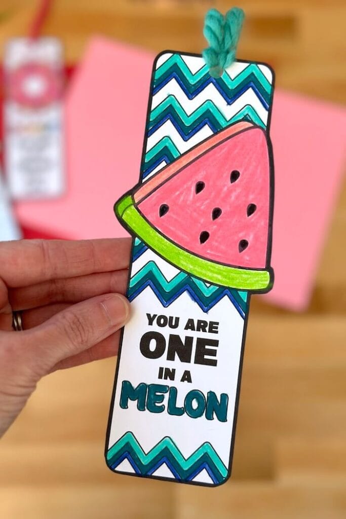 watermelon Valentine bookmark that says "you are one in a melon"