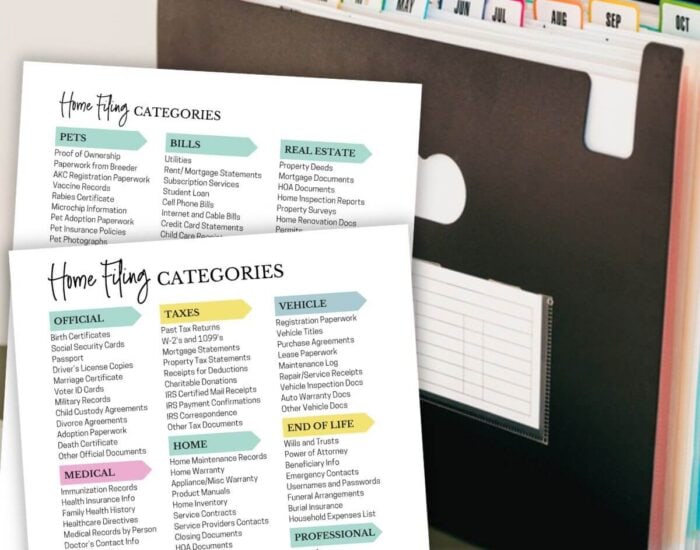 printable list of home file organization categories for file folders
