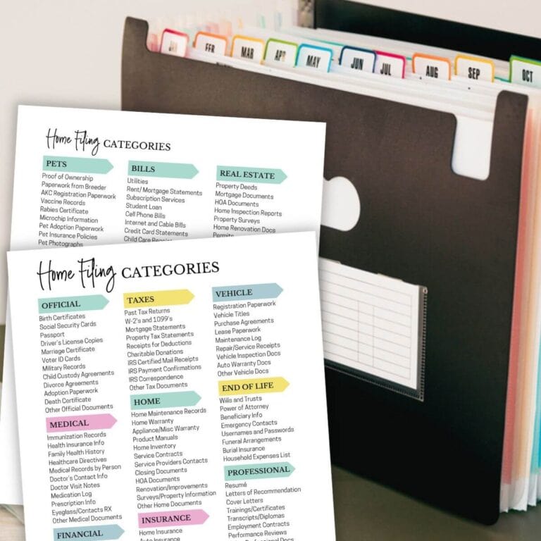 printable list of home file organization categories for file folders