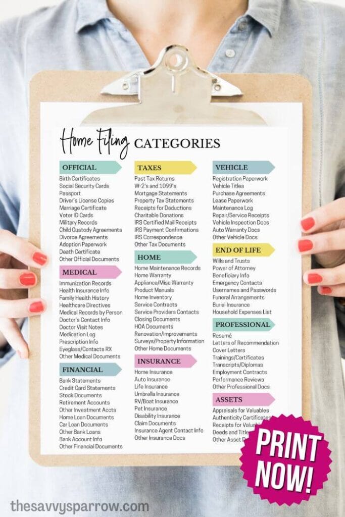 list of home filing categories on a clipboard