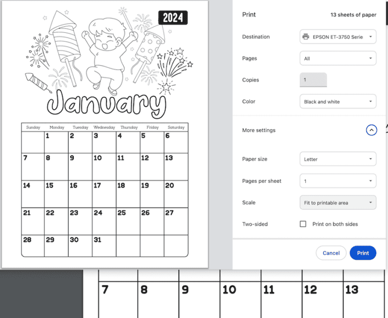 Free Printable Monthly Calendars for Kids to Color