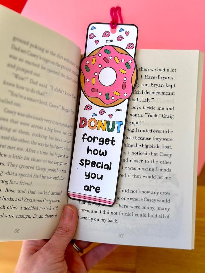 Valentine bookmark with a donut design inside a book