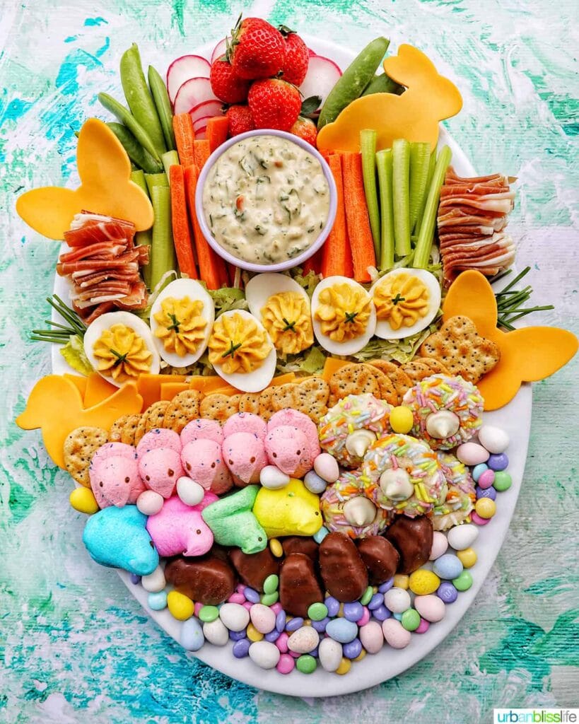 Easter egg shaped charcuterie board with sweet and salty snacks
