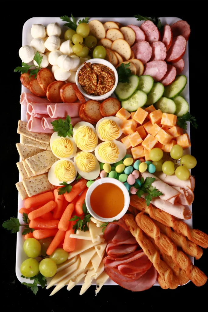 charcuterie board for Easter with rolled meats, cheeses, and vegetables