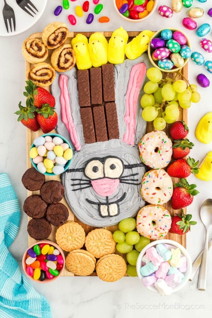 Easter dessert board with a bunny made from frosting