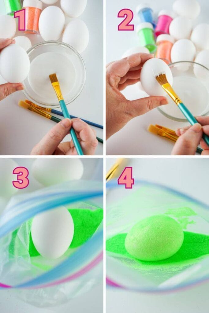 collage showing steps to make glittered Easter eggs