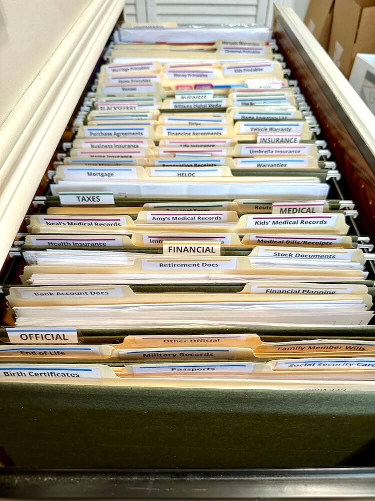 printable file folder labels in a home filing drawer