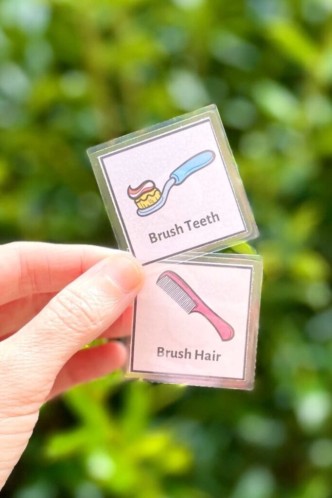 laminated visual routine cards showing brush teeth and brush hair